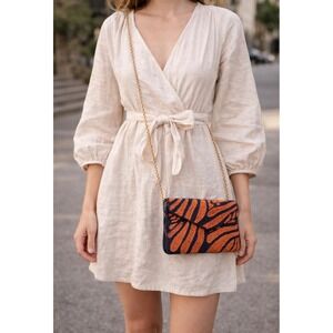 On34th Beaded Crossbody Clutch NWT Orange Navy Tropical Statement Bag Gold Chain